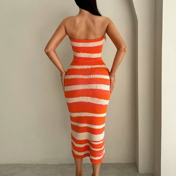 Multicolor Sexy Women's Striped Patchwork Fitted Long Sweater Dress - Picture 2 of 5